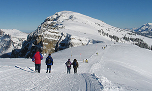 Menschen, die auf dem Niederhorn im Winter spazieren
